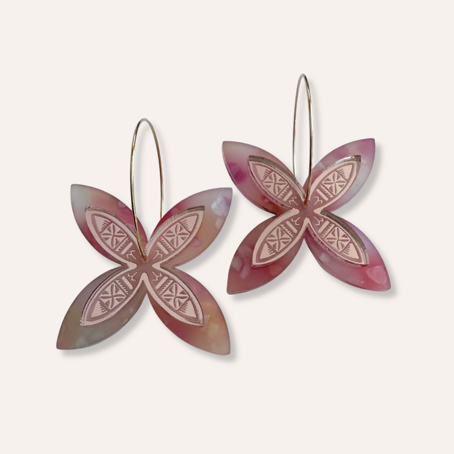 Pink & Rose Gold Tipani-shape Polynesian / Pasifika inspired earrings