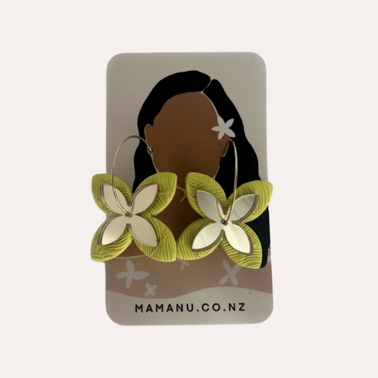 Earring card with tipani (frangipani), Pasifika style earrings and 'MAMANU.CO.NZ' branding 