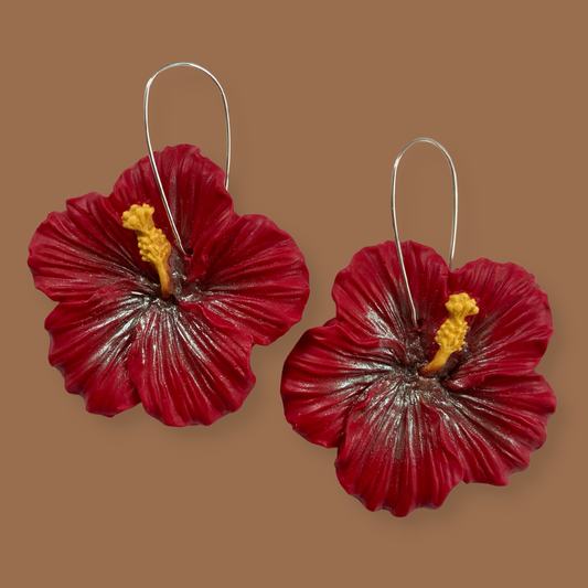 Clay Hibiscus Earrings (Red+Metallic)